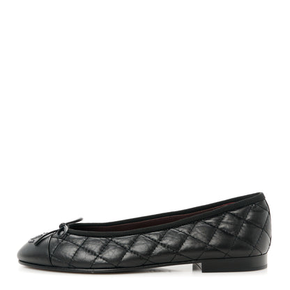 Chanel Aged Calfskin Quilted CC Cap Toe Ballerina Flats 37 Black 1 of 9
