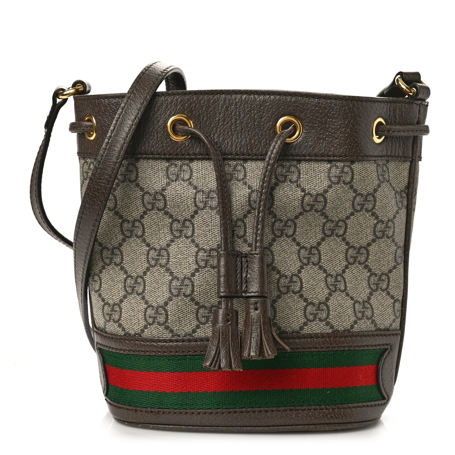 Gucci GG Supreme Monogram Web Mini Ophidia Bucket Bag Brown 1 of 9