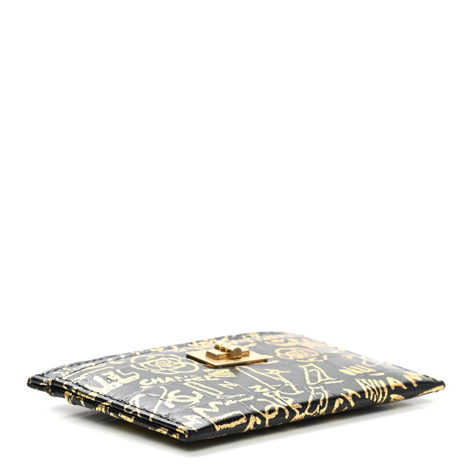 Chanel Calfskin Crocodile Embossed Graffiti 2.55 Cocodile Reissue Card Holder Black Gold 4 of 8