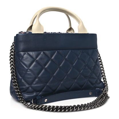 Chanel Calfskin Tweed Quilted Small Tote Navy Multicolor 3 of 12