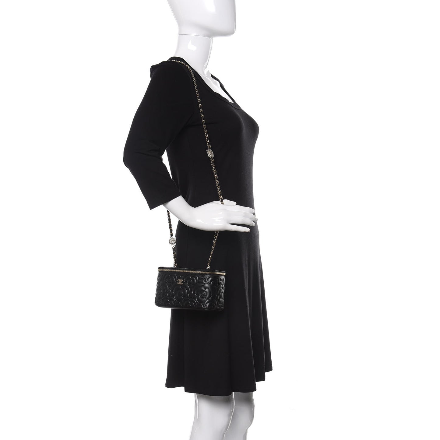 Lambskin Camellia Embossed Small Vanity Case With Chain Black