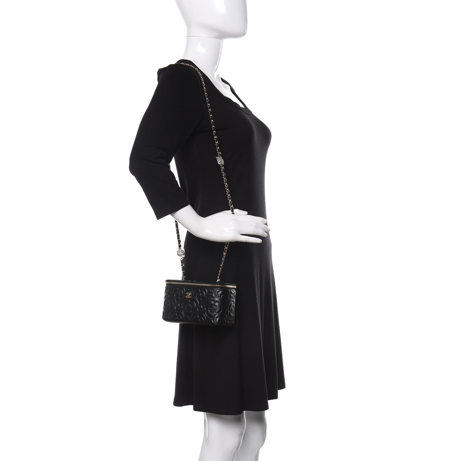 Chanel Lambskin Camellia Embossed Small Vanity Case With Chain Black 2 of 11
