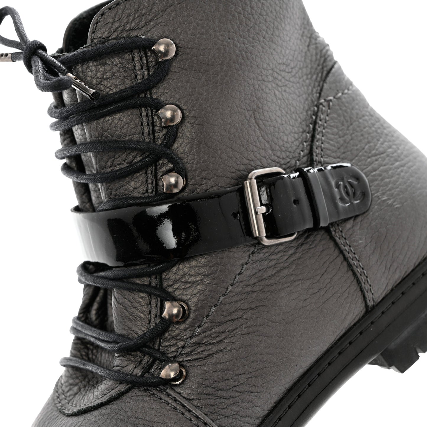 Metallic Grained Calfskin Patent Cap Toe Combat Short Boots 38.5 Dark Silver
