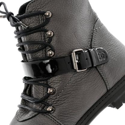 Chanel Metallic Grained Calfskin Patent Cap Toe Combat Short Boots 38.5 Dark Silver 9 of 12