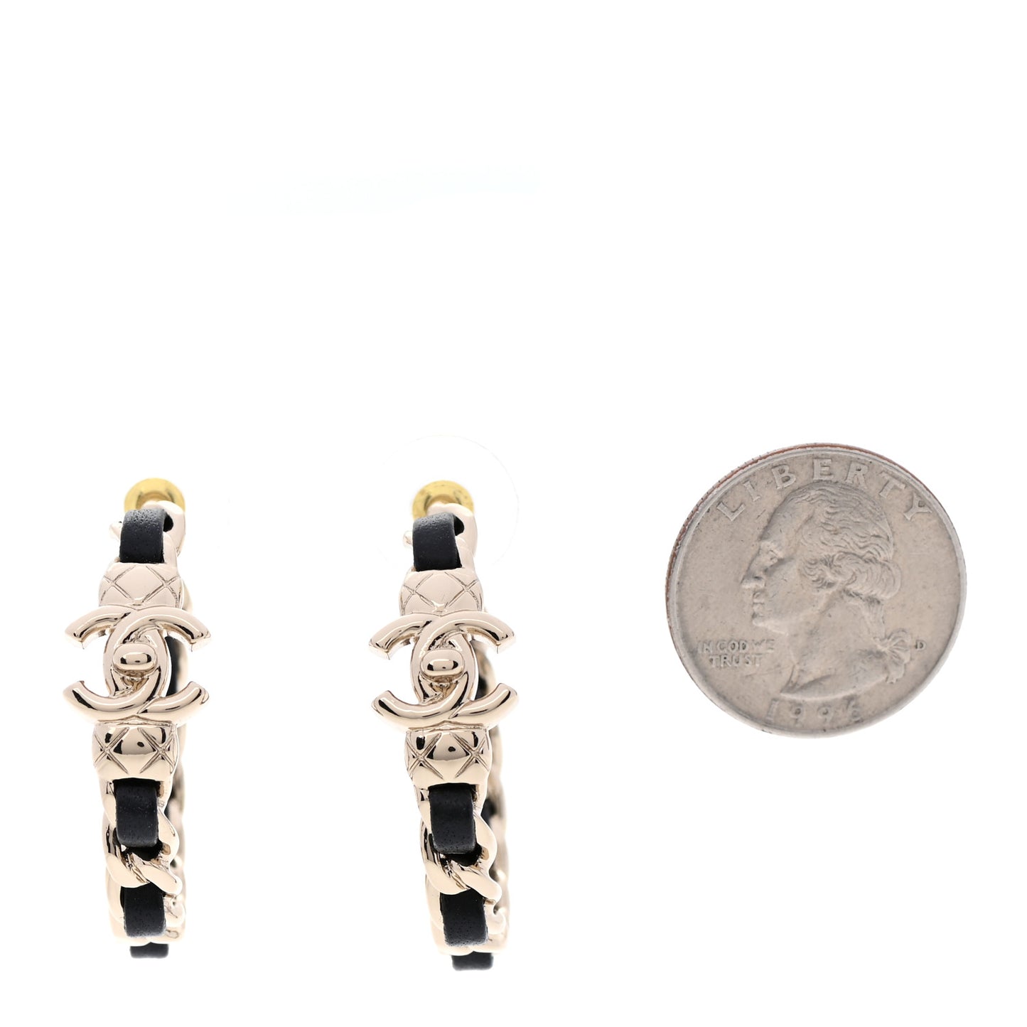 Metal Lambskin Quilted CC Turnlock Chain Hoop Earrings Gold Black