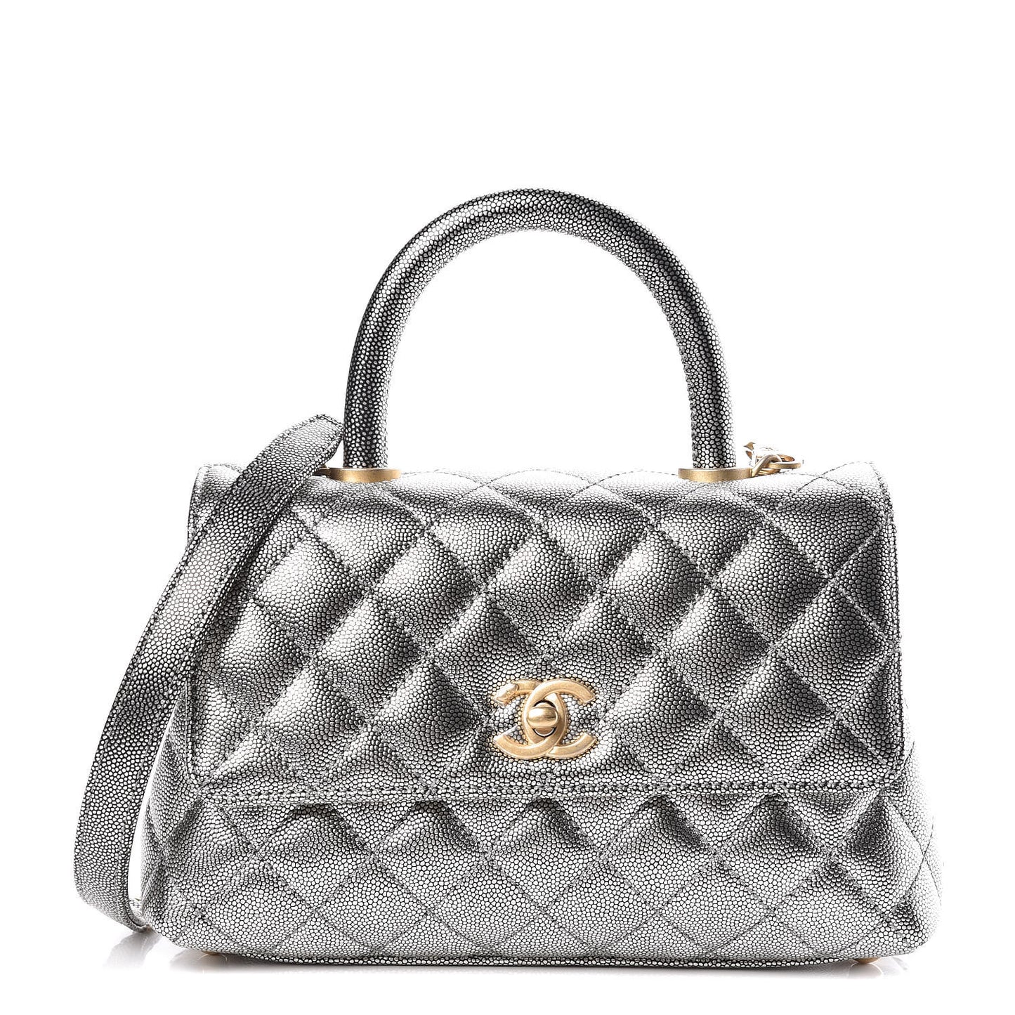 Metallic Caviar Quilted Mini Coco Handle Flap Silver