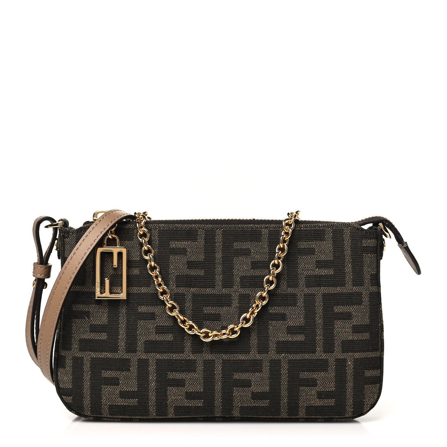 Fendi Fabric Jacquard Vitello Grace FF 1974 Baguette Pouch Tobacco Moro Sand 1 of 11