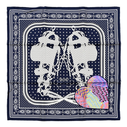 Hermes Silk Balade En Berline Application Coeur Scarf 70 Marine White Black 1 of 5