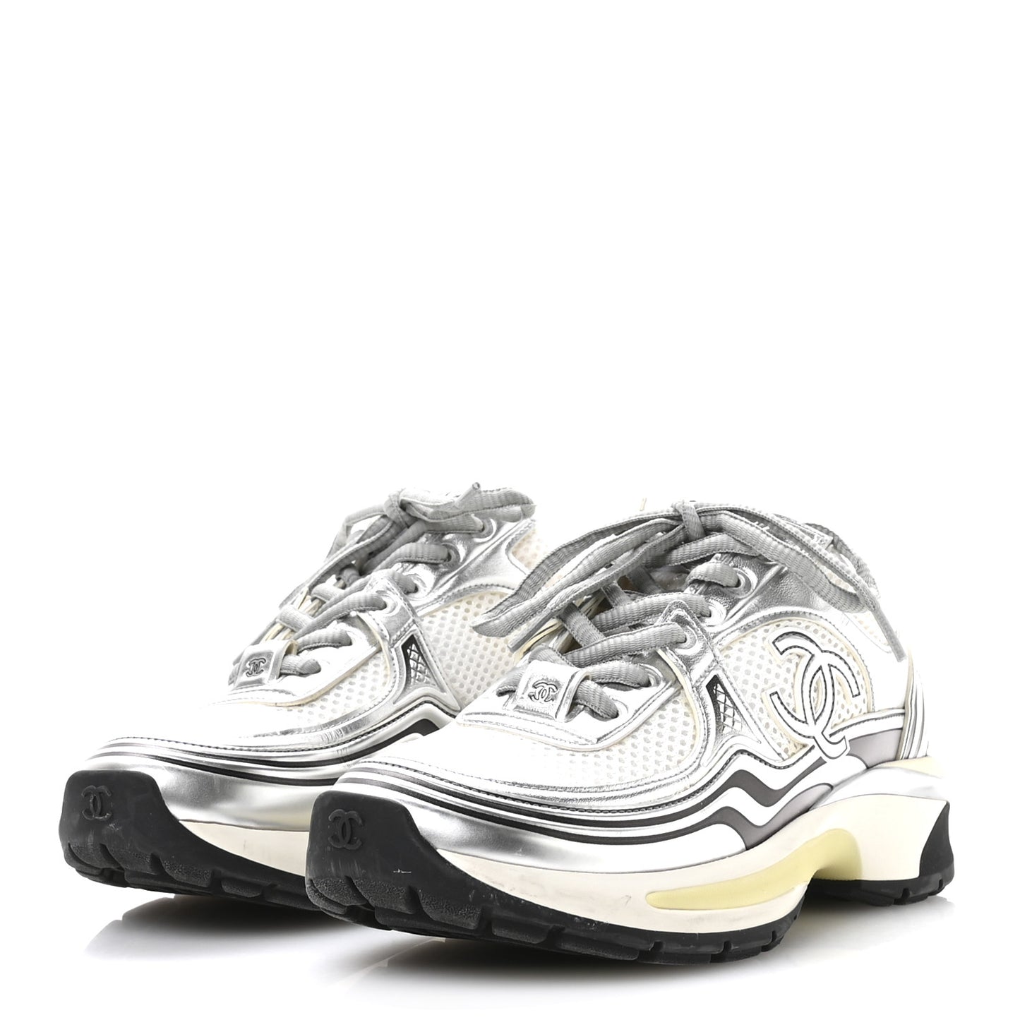 Fabric Laminated Calfskin Stretch CC Sneakers 35 White Silver
