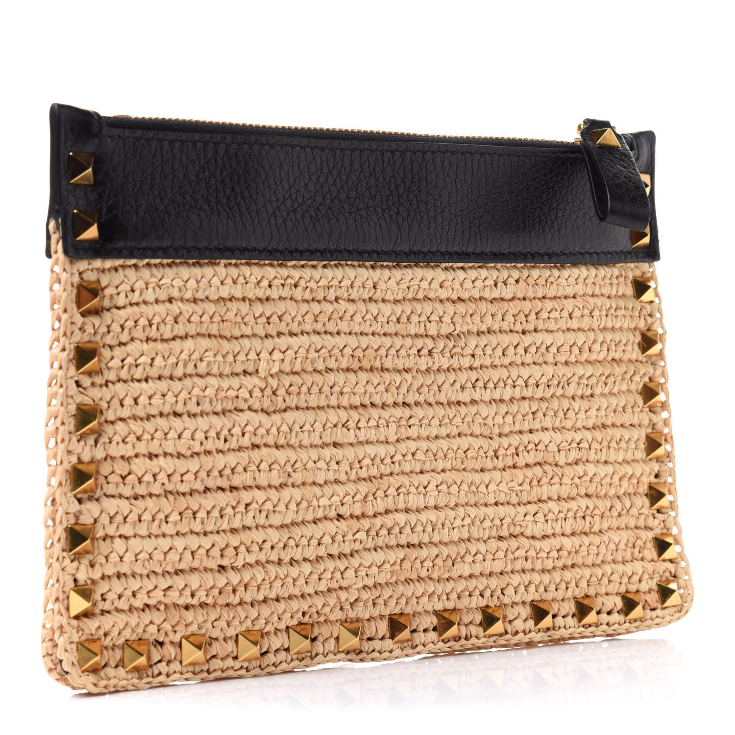 Valentino Garavani Raffia Calfskin Small Rockstud Zip Pouch Naturale Black 3 of 10