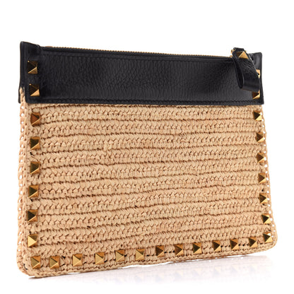 Valentino Garavani Raffia Calfskin Small Rockstud Zip Pouch Naturale Black 3 of 10