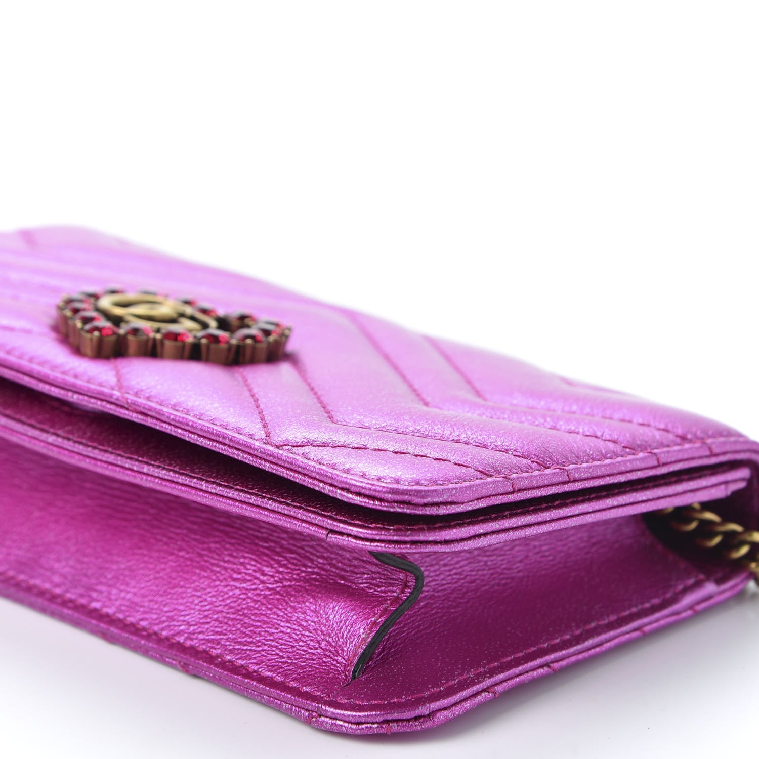 Gucci Metallic Calfskin Matelasse Crystal GG Marmont Mini Bag Fuchsia 6 of 8