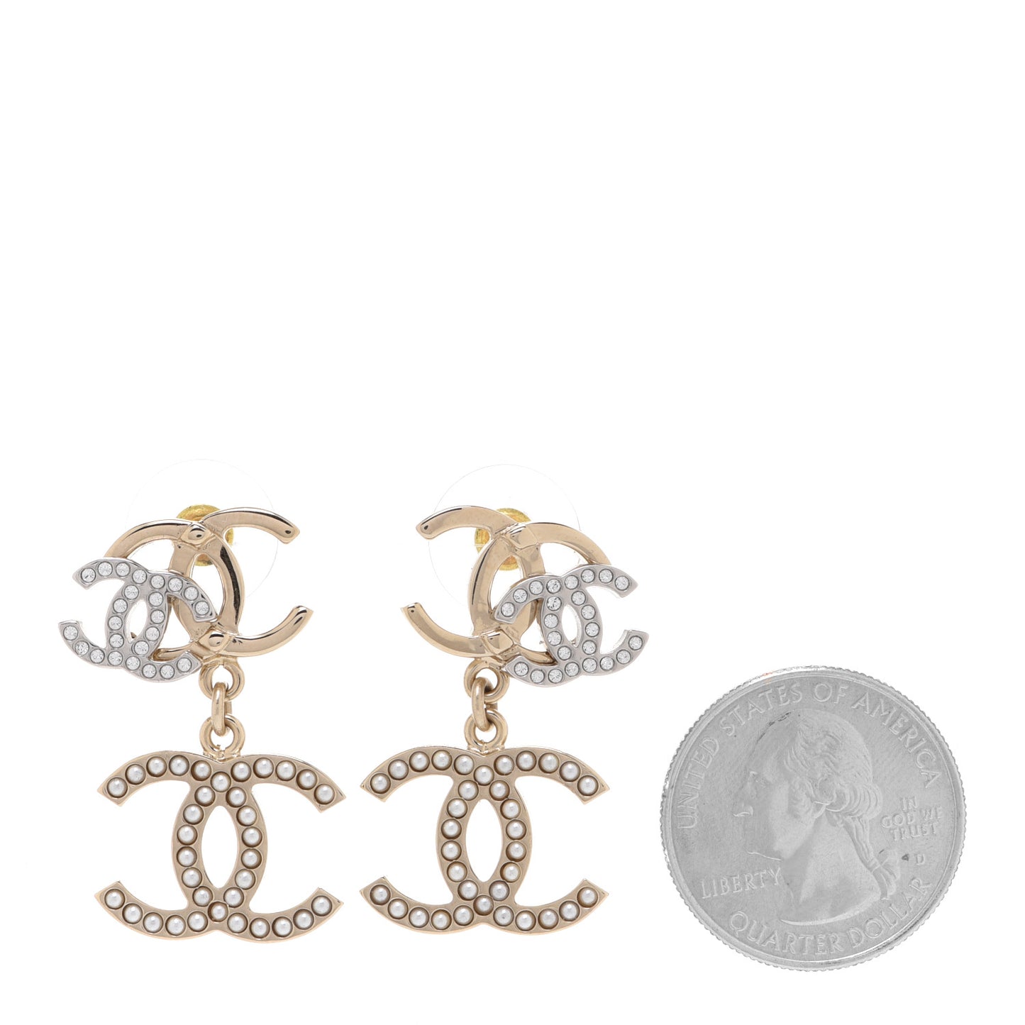 Crystal Pearl Double CC Drop Earrings Gold Silver