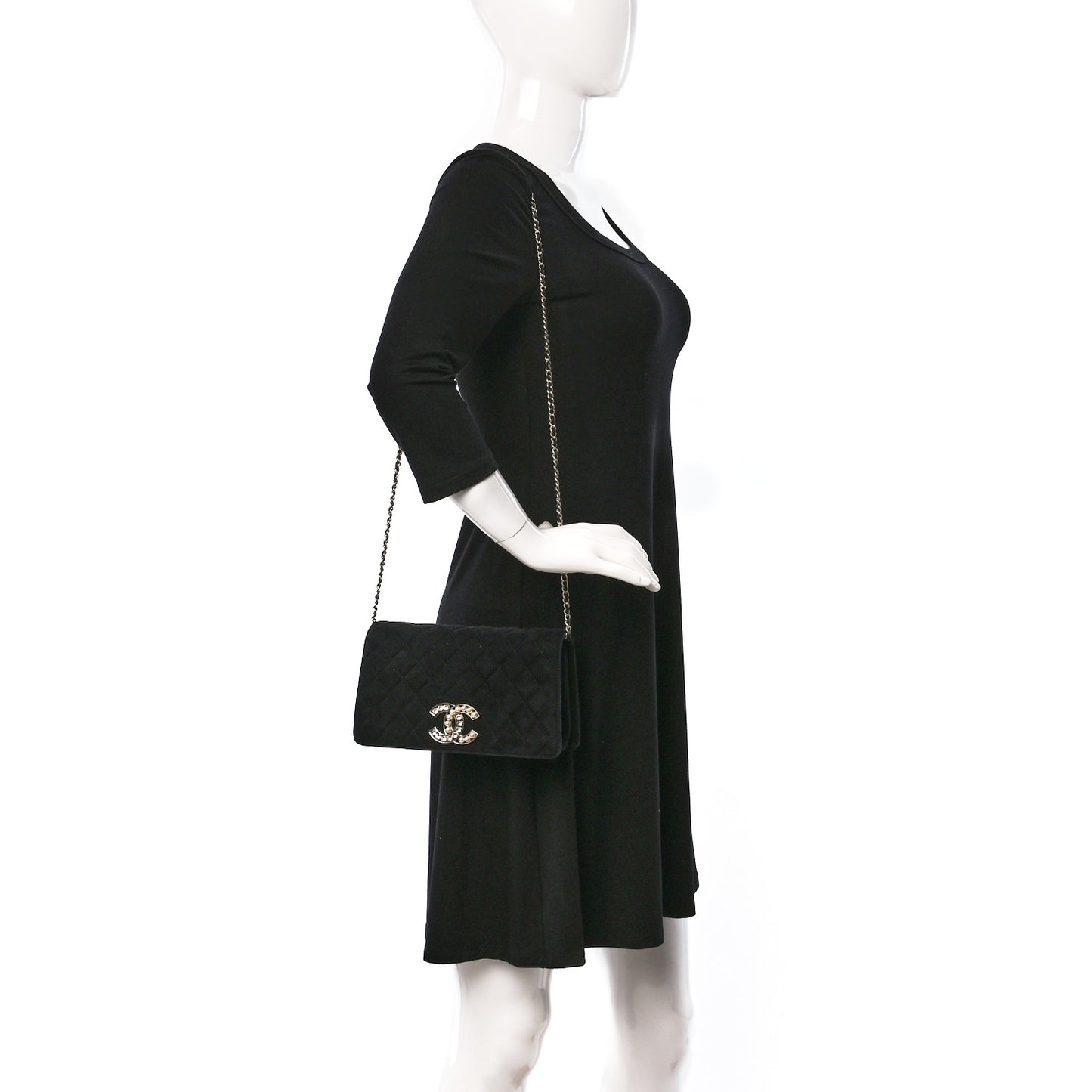 Suede Quilted Crystal Pearl CC Flap Black