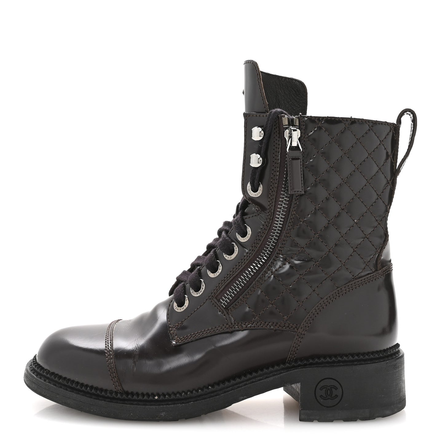 Shiny Calfskin Quilted CC Lace Up Combat Boots 37.5 Dark Burgundy