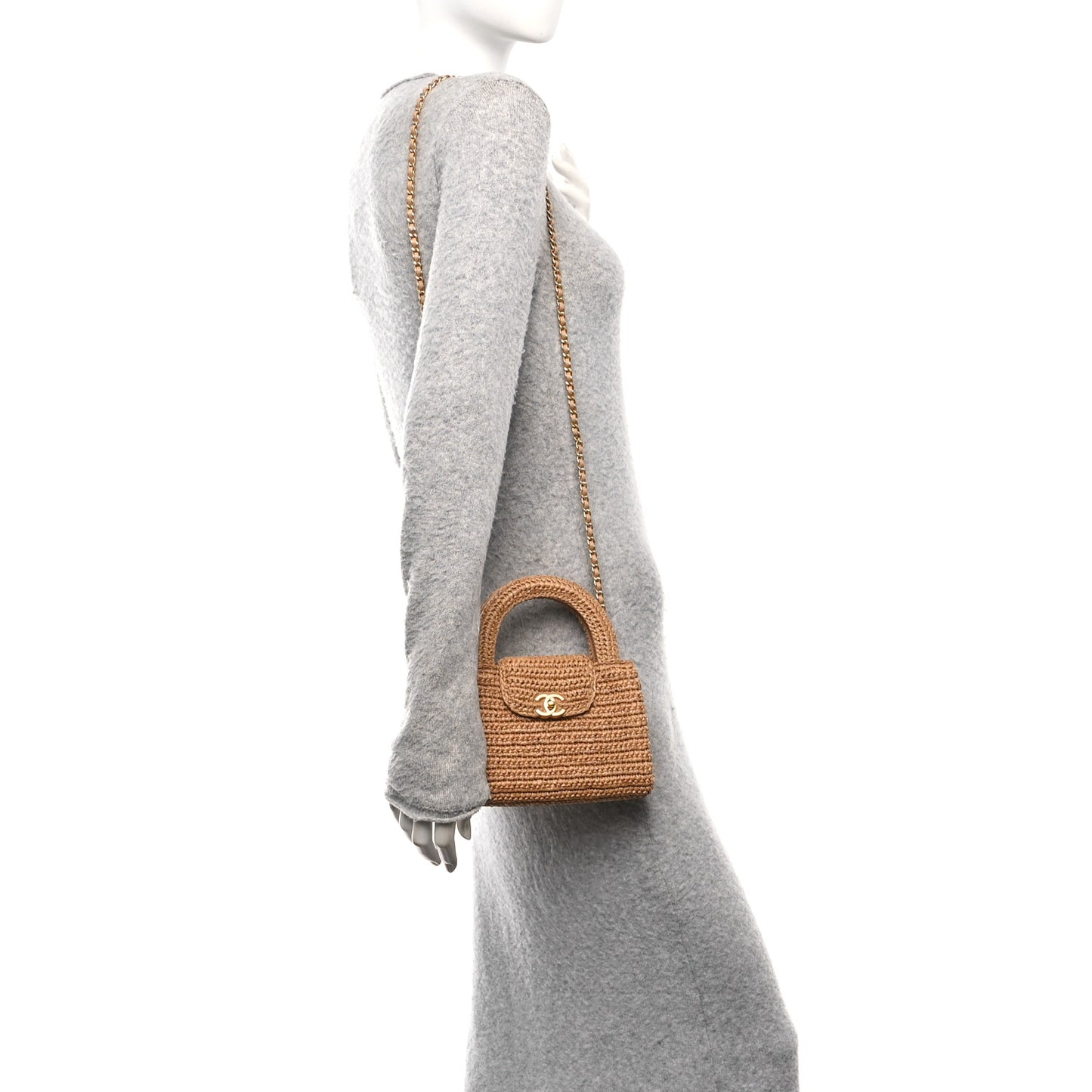 Braided Raffia Nano Kelly Flap Bag Dark Beige