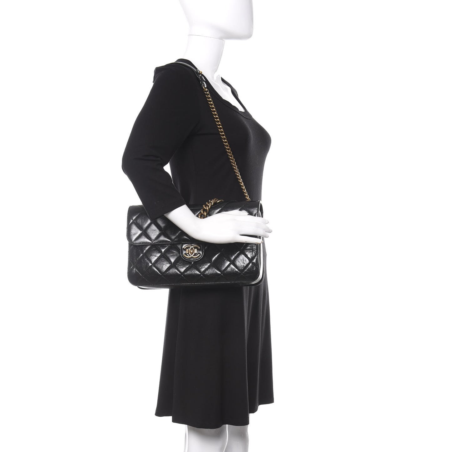 Glazed Calfskin Quilted Large Perfect Edge Flap Black