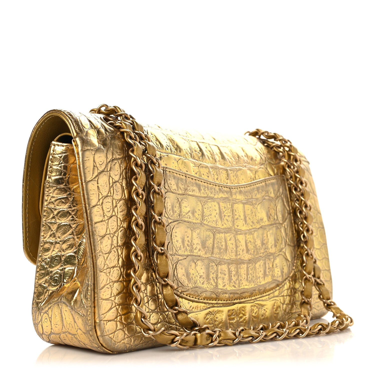 Chanel Metallic Calfskin Crocodile Embossed Cocodile Medium Double Flap Gold 3 of 12