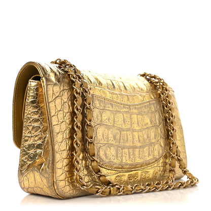 Chanel Metallic Calfskin Crocodile Embossed Cocodile Medium Double Flap Gold 3 of 12