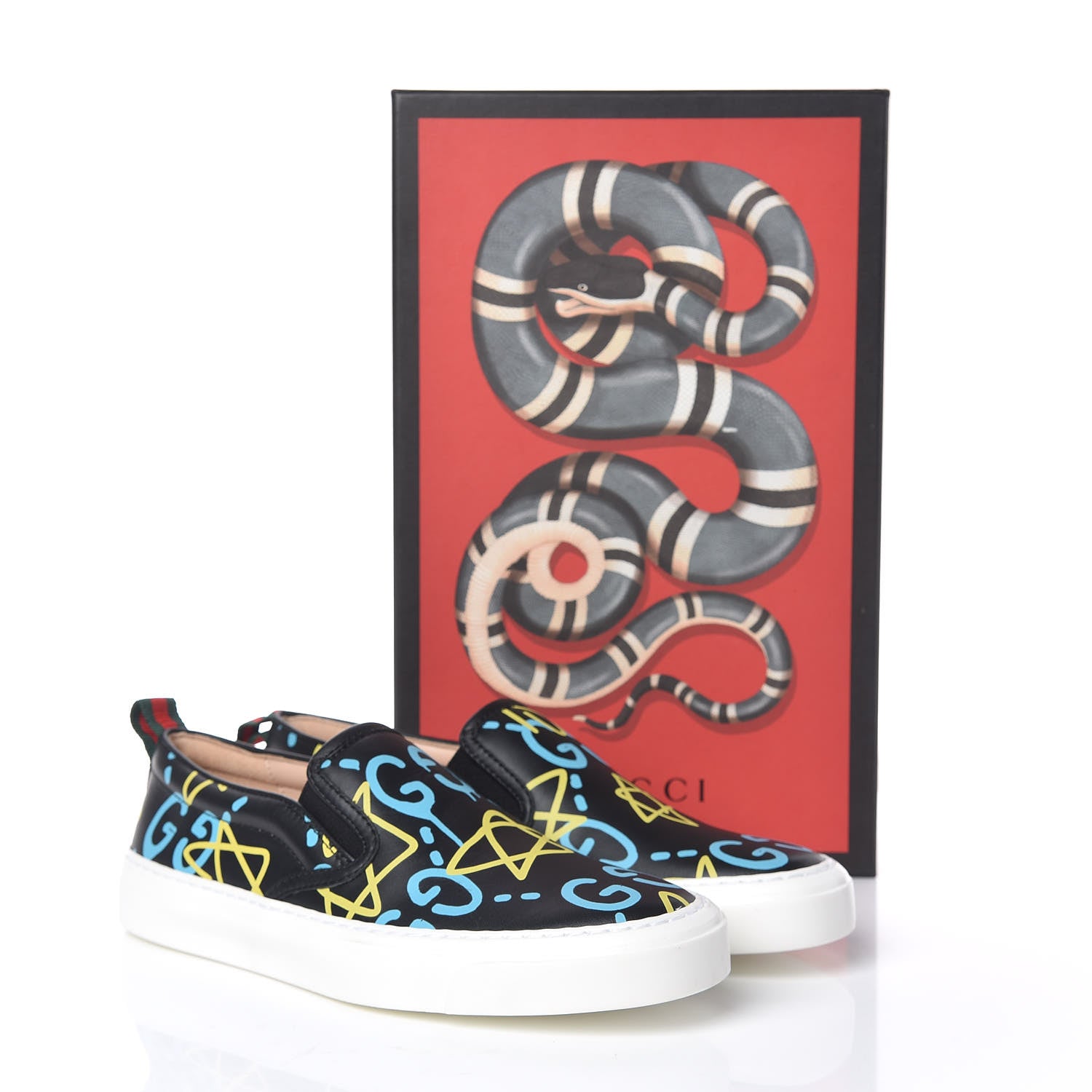 Gucci Calfskin GucciGhost Print Womens Slip On Sneakers 34.5 Black New Acquamarine 10 of 10