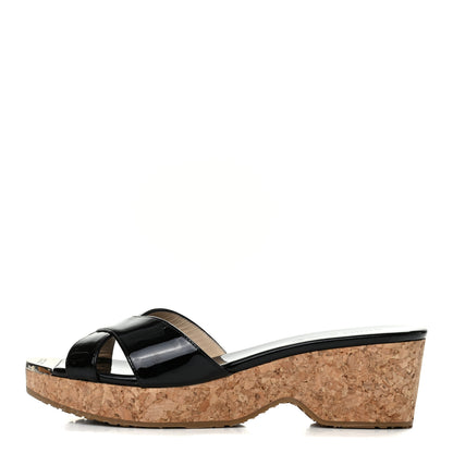 Jimmy Choo Patent Prima Cork Wedge Sandals 38 Black 1 of 7