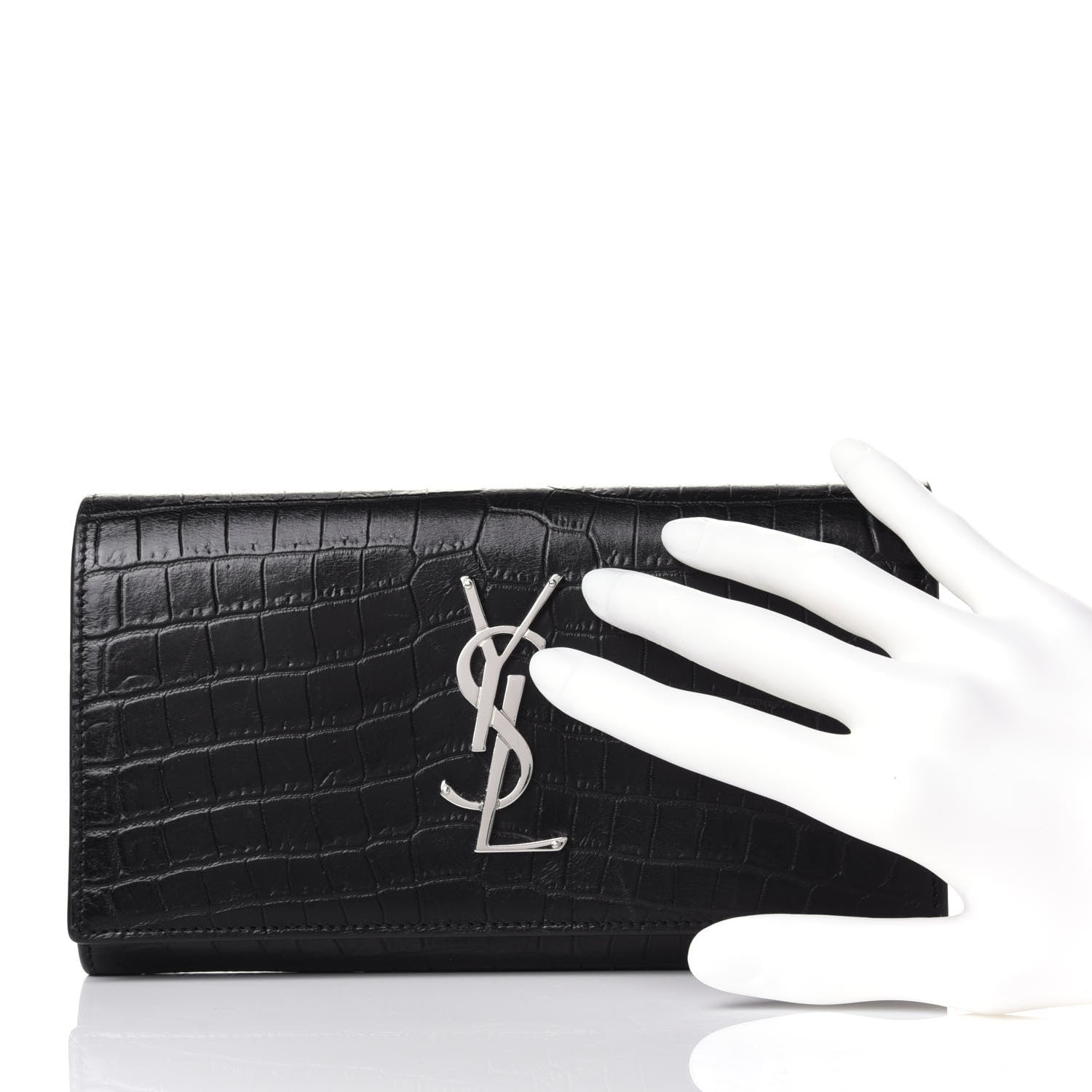 Saint Laurent Calfskin Crocodile Embossed Monogram Flap Wallet Black 2 of 7