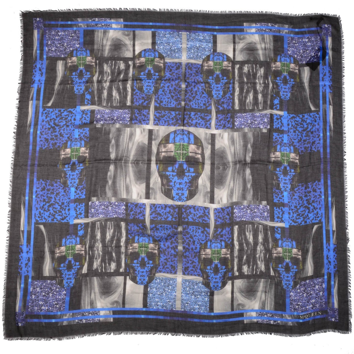 Modal Silk Perspex Patchwork Printed Scarf Blue Black