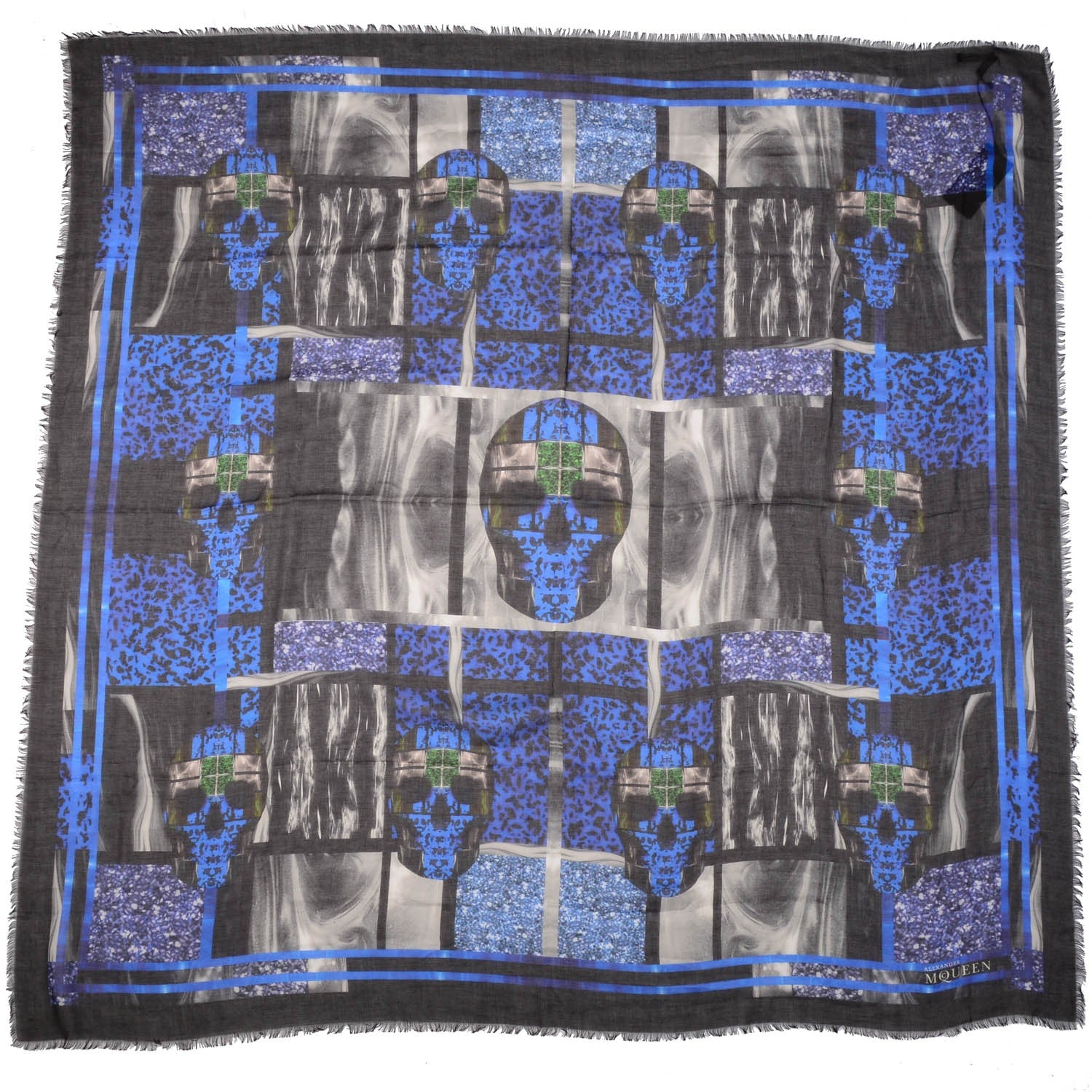 Alexander McQueen Modal Silk Perspex Patchwork Printed Scarf Blue Black 3 of 5