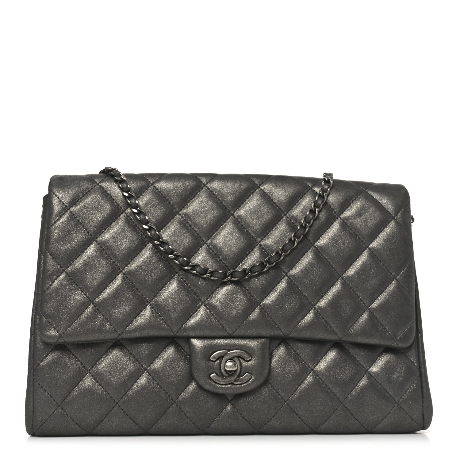 Chanel Metallic Lambskin Quilted Clutch With Chain Flap Dark Grey 1 of 10