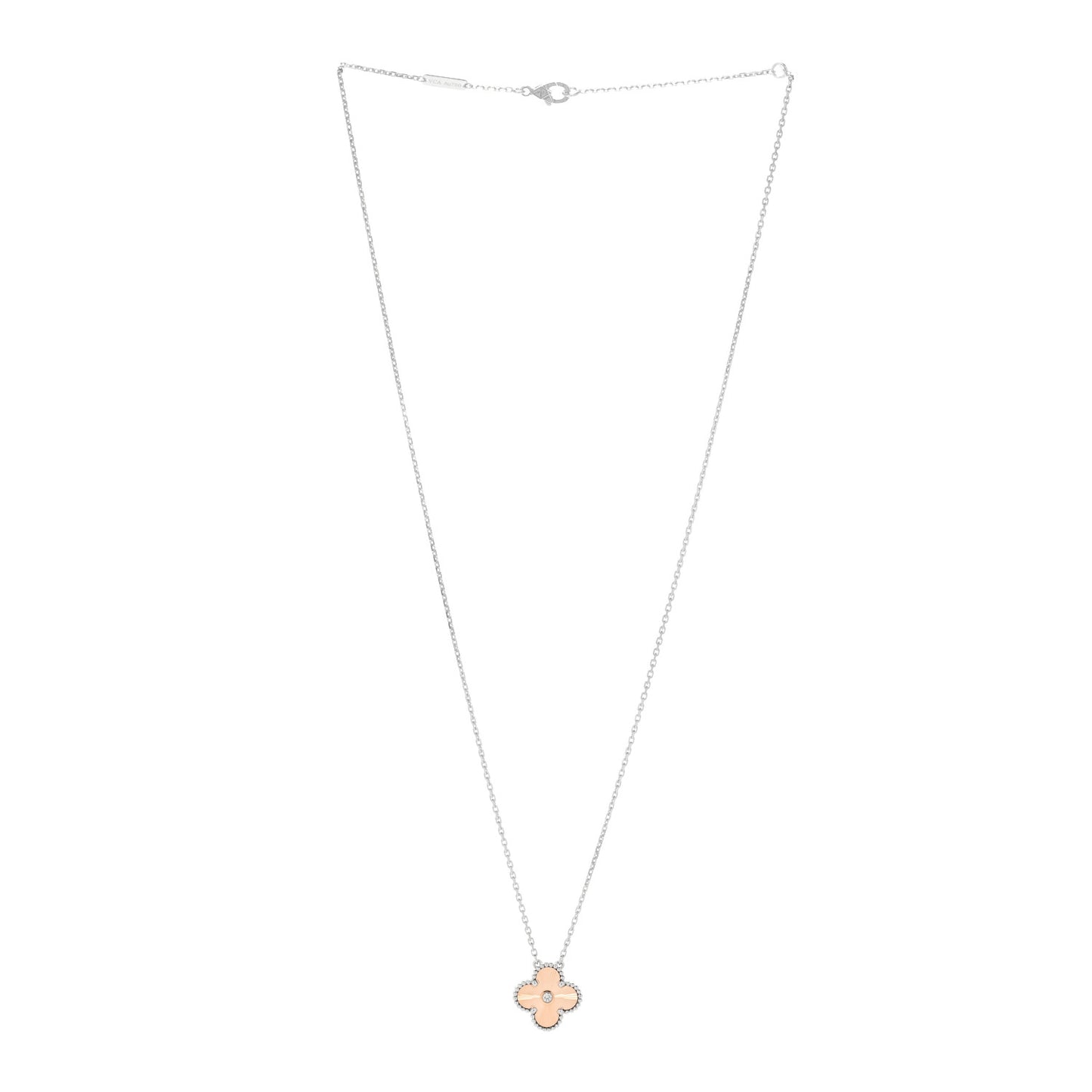 18K White Rose Gold Diamond Guilloche Vintage Alhambra Pendant Necklace
