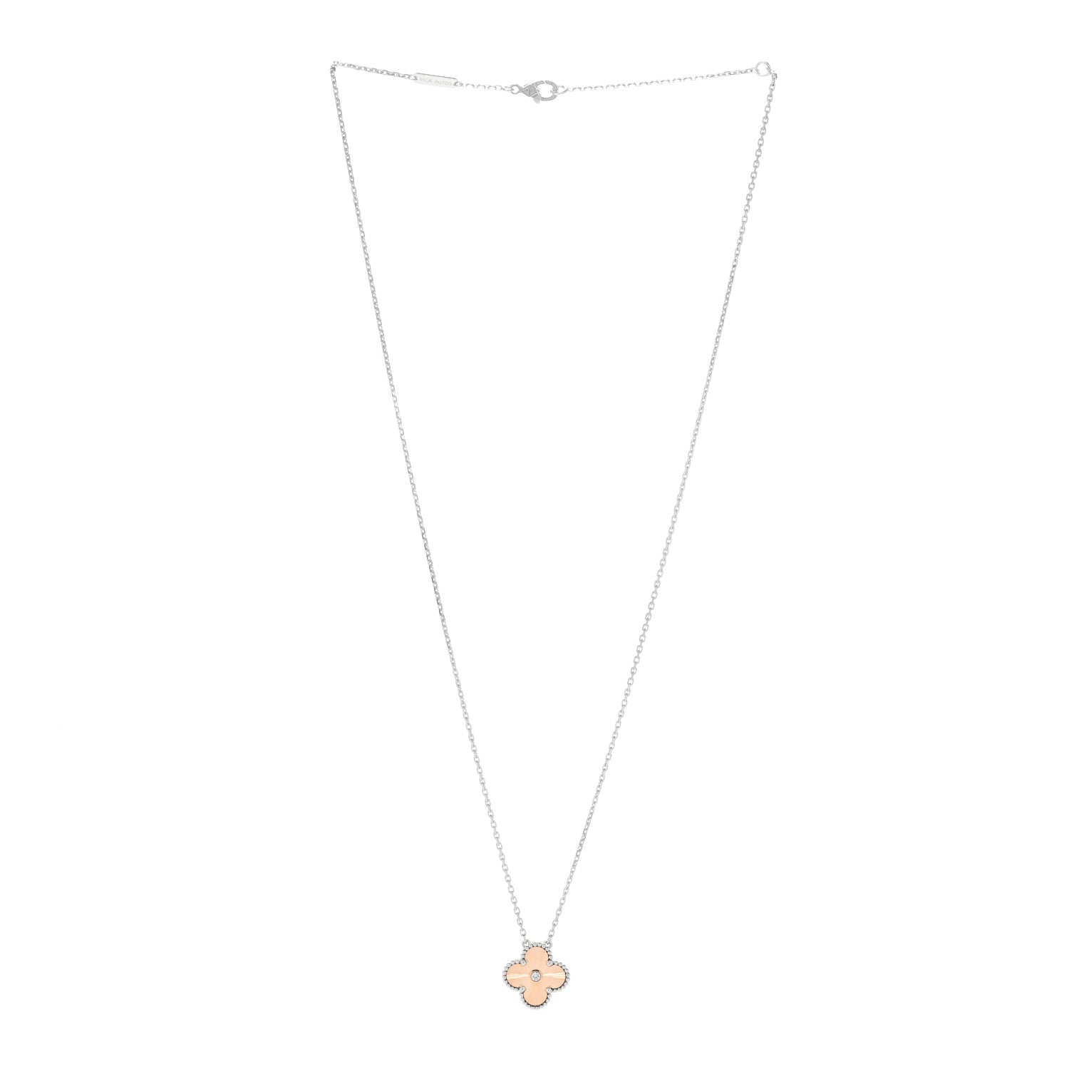 Van Cleef & Arpels 18K White Rose Gold Diamond Guilloche Vintage Alhambra Pendant Necklace 3 of 6