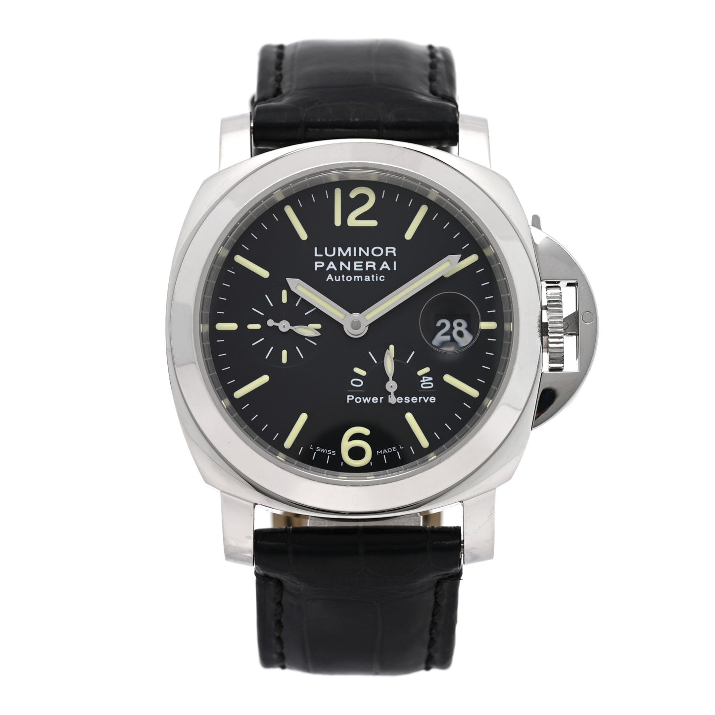 Stainless Steel Alligator 44mm Luminor 3 Day Power Reserve Automatic Watch Black PAM00090