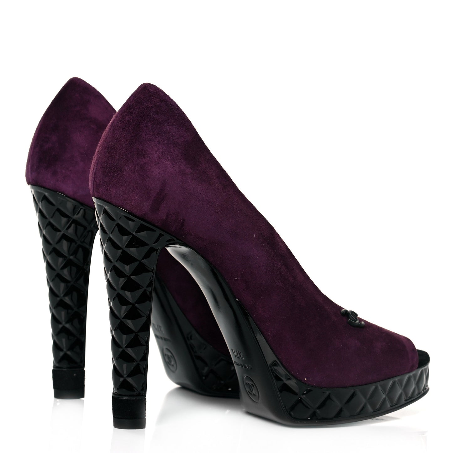 Suede Calfskin Patent Quilted CC Peep Toe Pumps 37.5 Purple