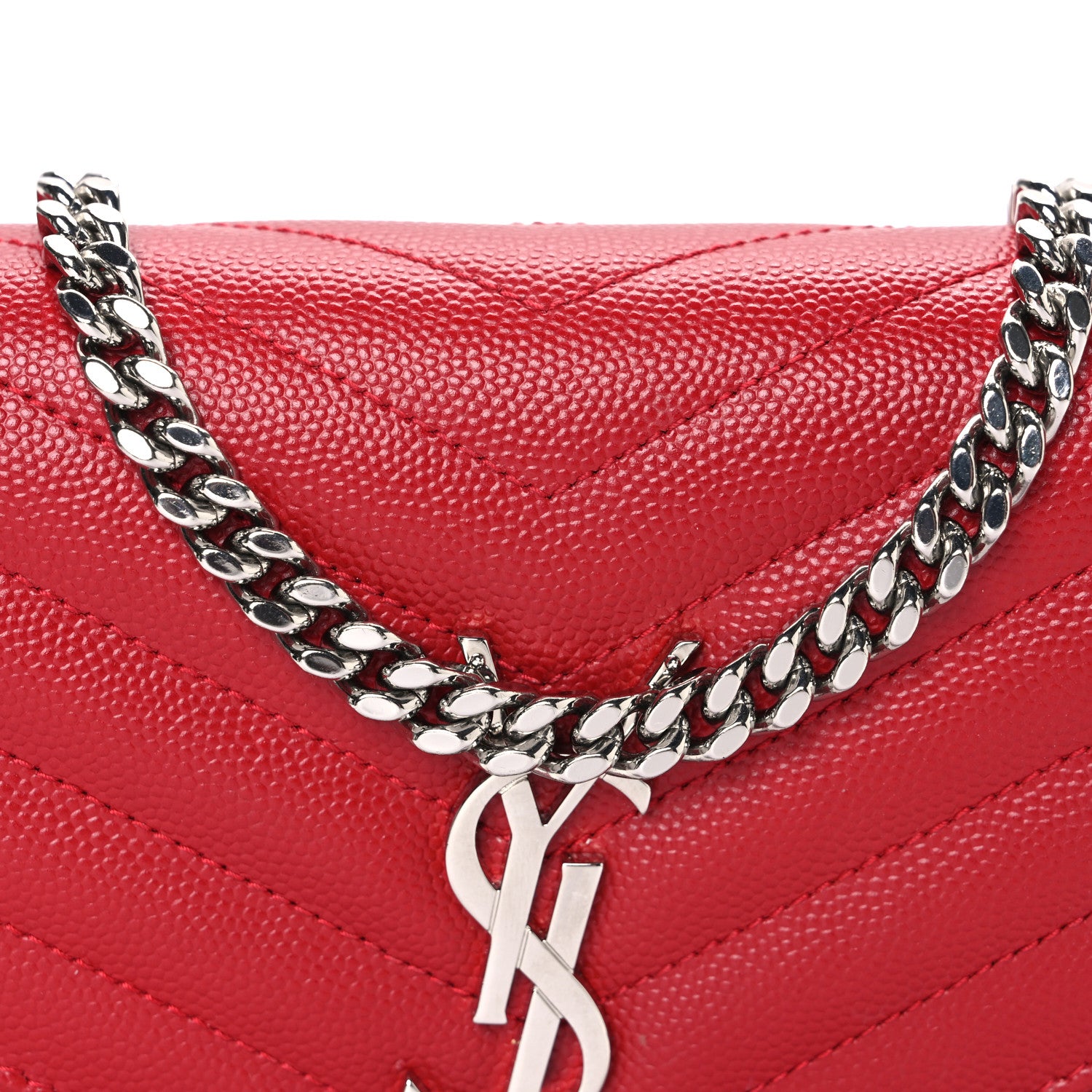 Saint Laurent Grain De Poudre Matelasse Chevron Monogram Chain Wallet Red 7 of 11