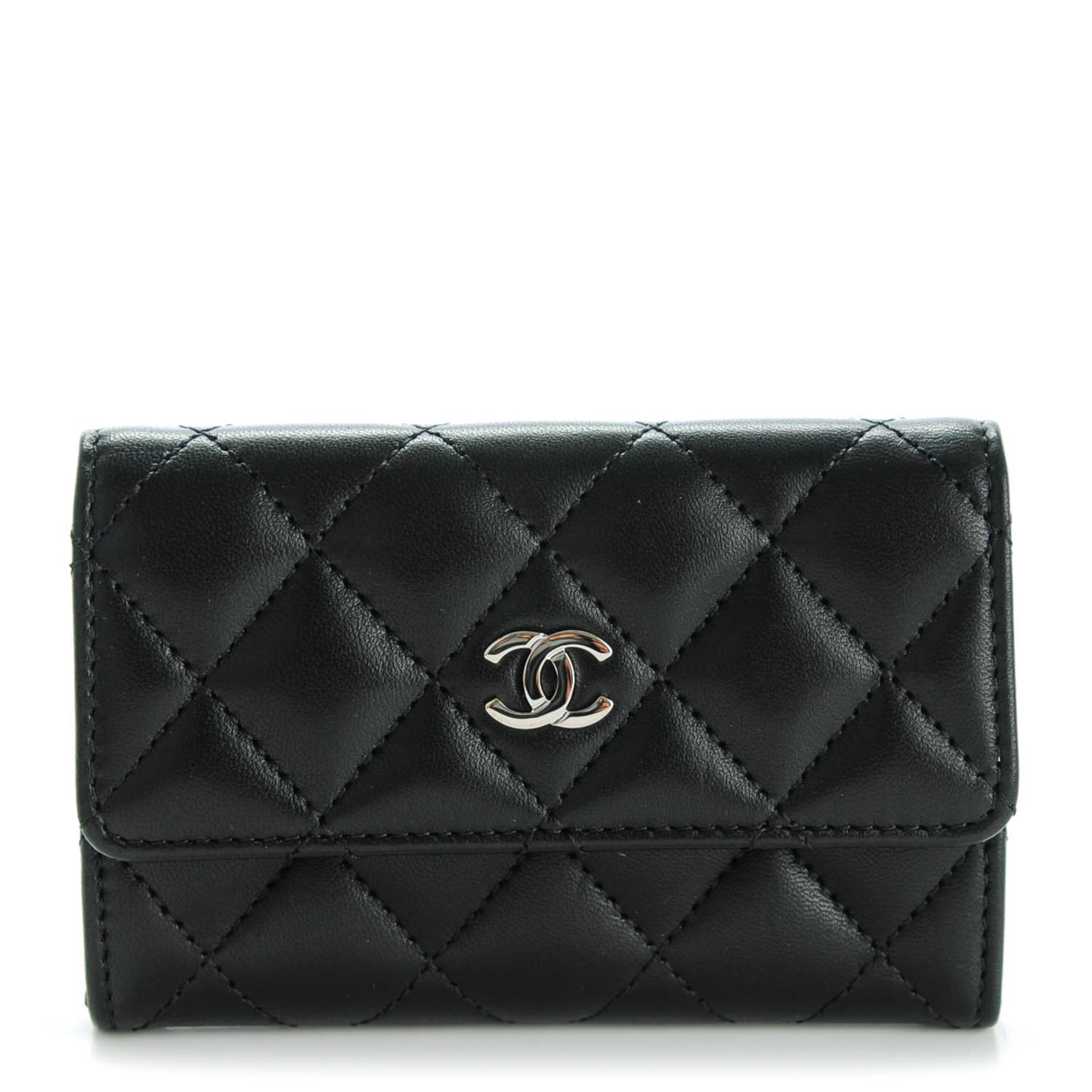 Lambskin Quilted Flap Card Holder Black