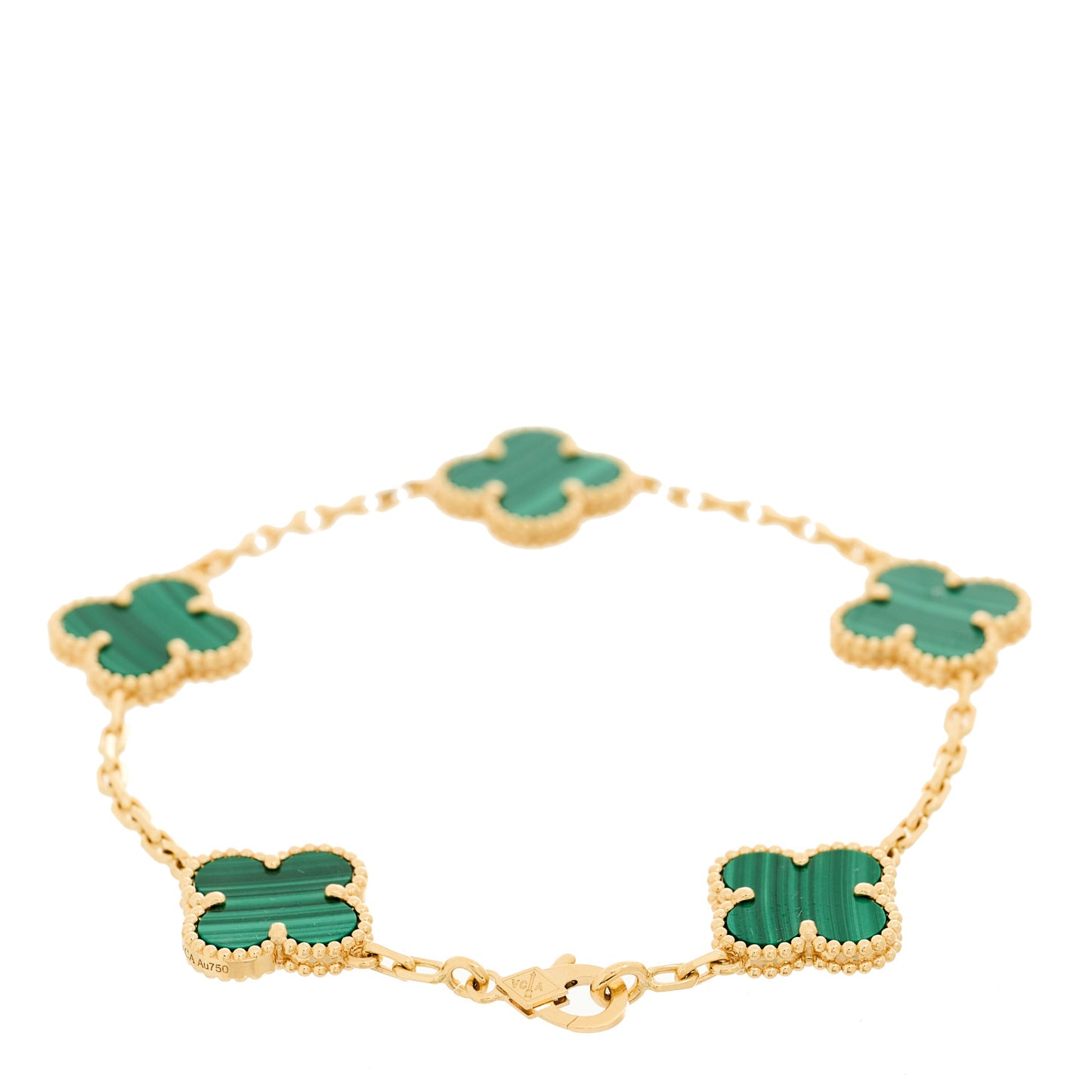 18K Yellow Gold Malachite 5 Motifs Vintage Alhambra Bracelet