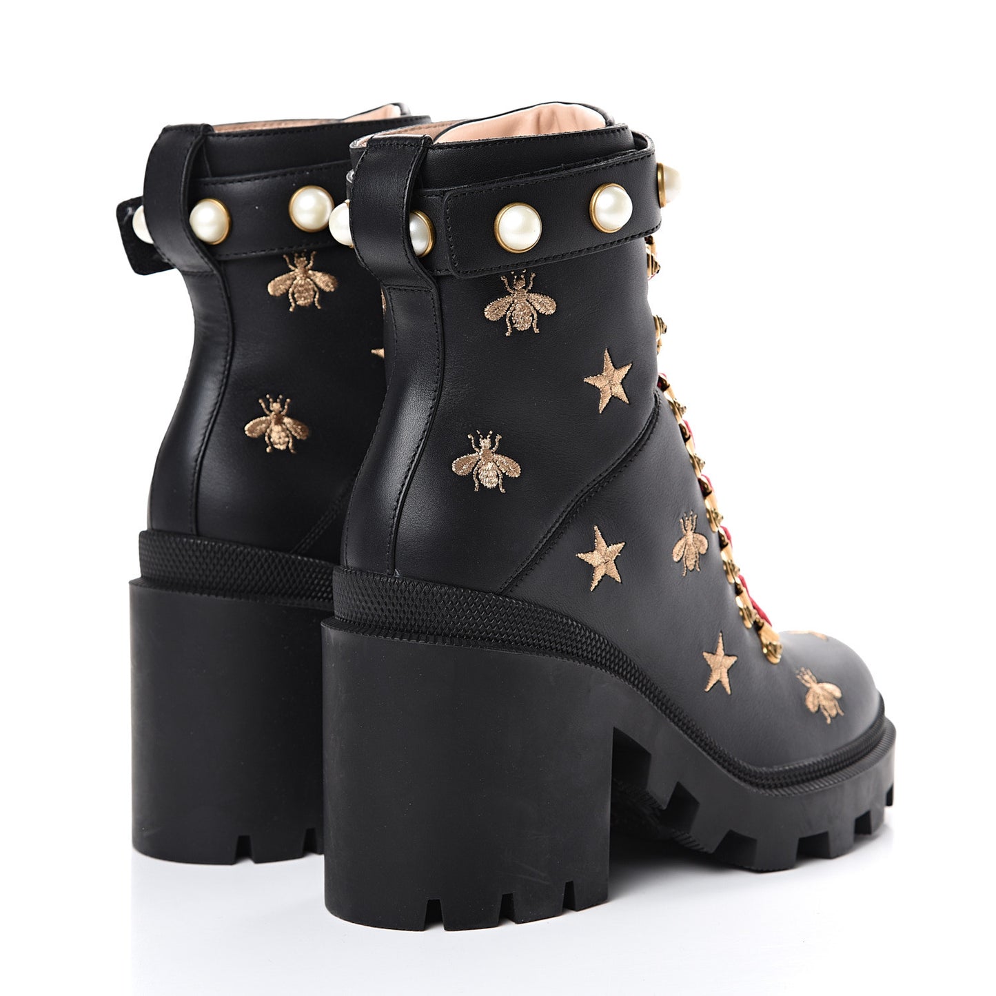 Calfskin Bee Star Embroidered Lace Up Combat Ankle Boots 37 Black
