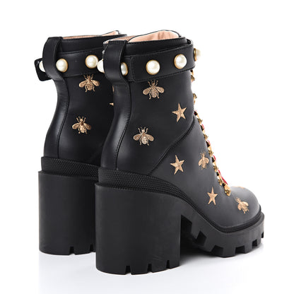 Gucci Calfskin Bee Star Embroidered Lace Up Combat Ankle Boots 37 Black 4 of 8