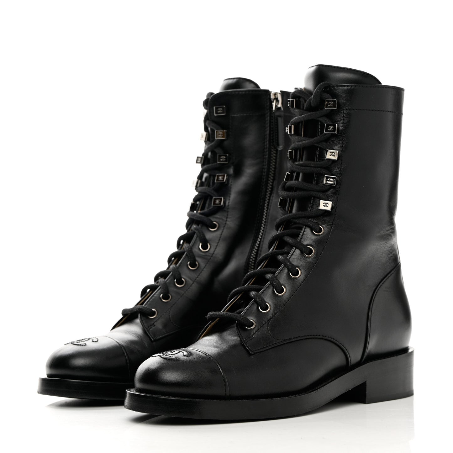 Calfskin Cap Toe Lace Up Combat Boots 38 Black