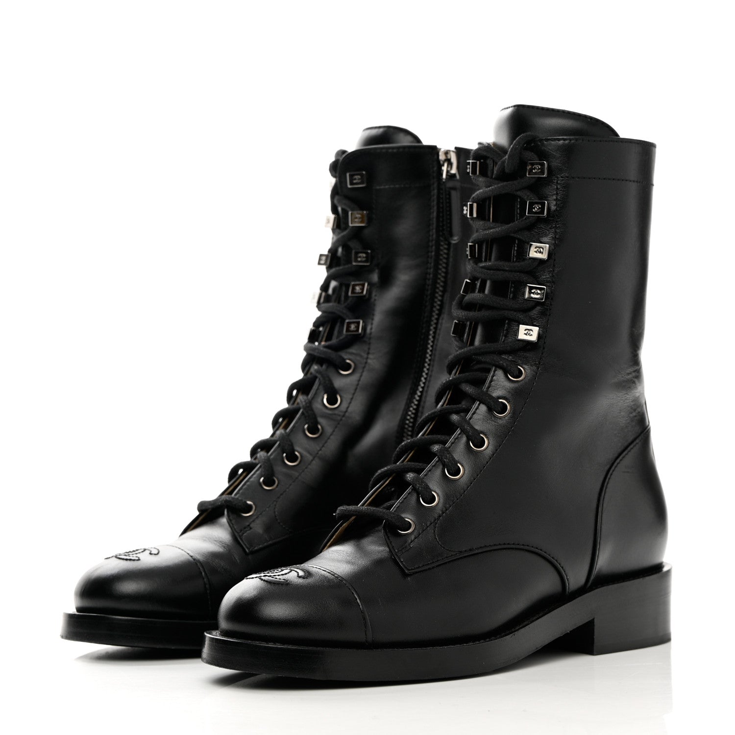 Chanel Calfskin Cap Toe Lace Up Combat Boots 38 Black 3 of 11