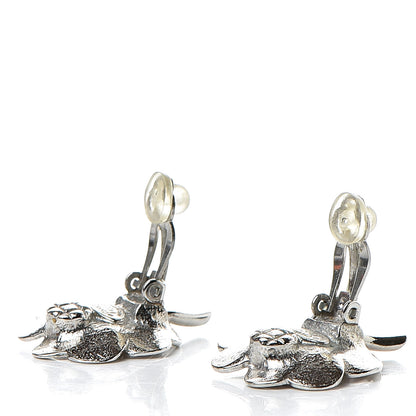 Chanel Enamel Crystal CC Camellia Clip On Earrings Beige Silver 3 of 5