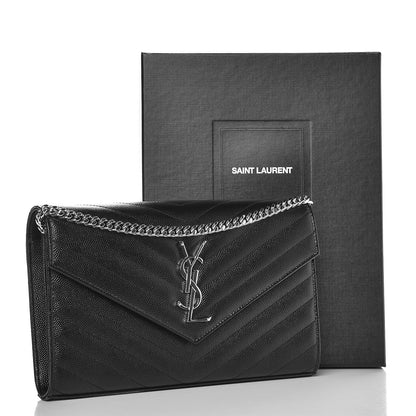 Saint Laurent Grain De Poudre Matelasse Chevron Monogram Chain Wallet Black 7 of 7
