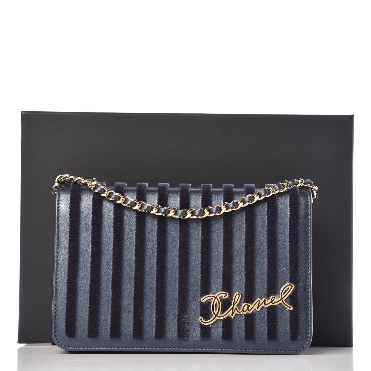 Lambskin Velvet Striped Wallet On Chain WOC Blue