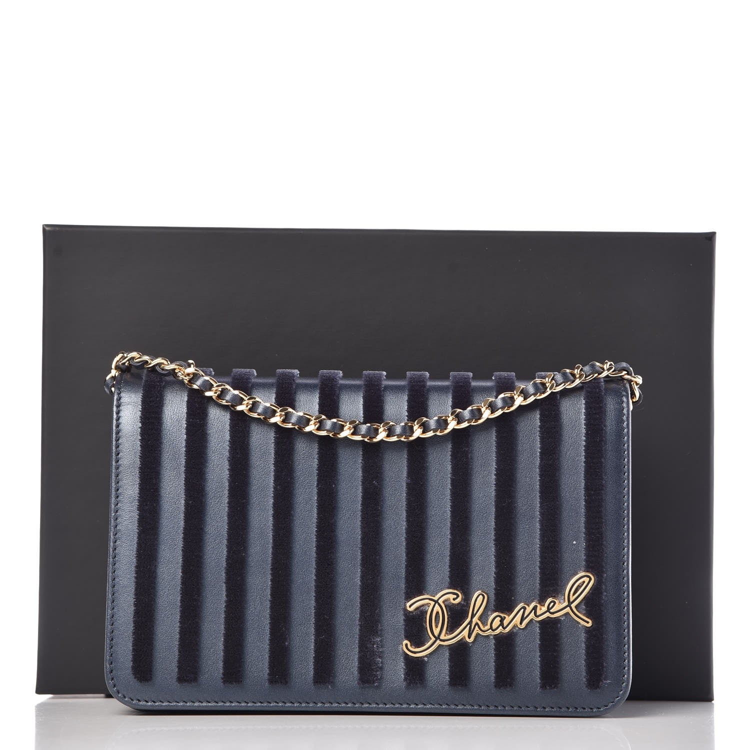 Chanel Lambskin Velvet Striped Wallet On Chain WOC Blue 9 of 9