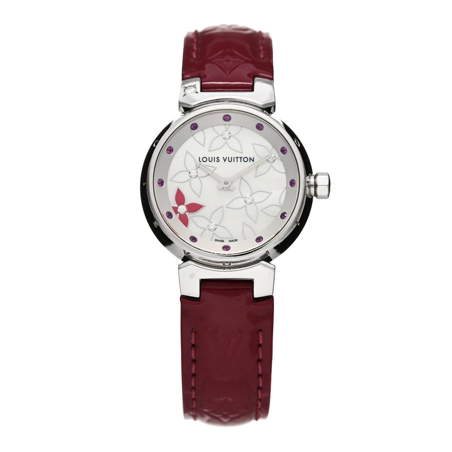 Stainless Steel Vernis Diamond Ruby Mother of Pearl 28mm Tambour Lovely Rack Quartz Watch Red