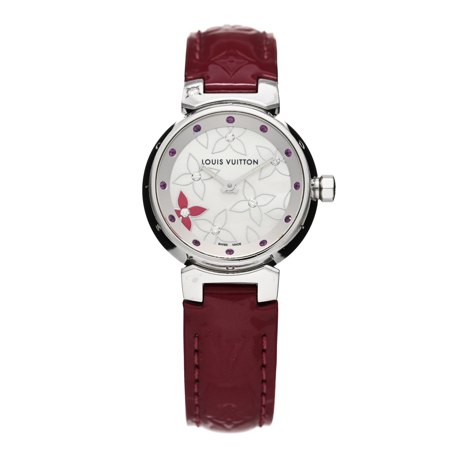 Louis Vuitton Stainless Steel Vernis Diamond Ruby Mother of Pearl 28mm Tambour Lovely Rack Quartz Watch Red 1 of 4