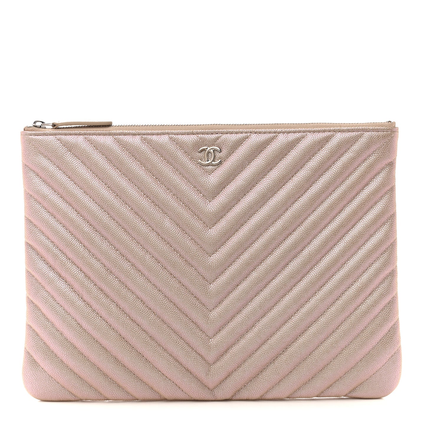 Iridescent Caviar Chevron Quilted Medium Cosmetic Case Light Gold