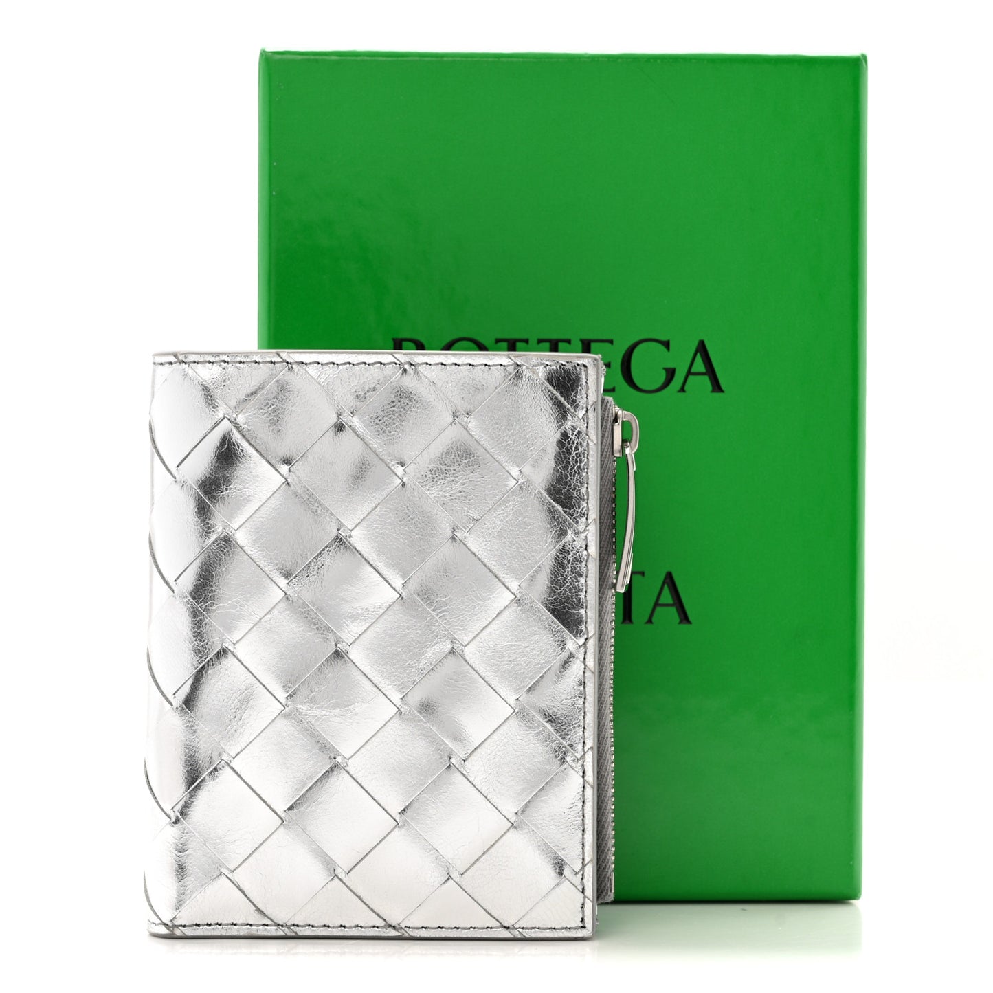 Metallic Calfskin Intrecciato Bifold Zip Wallet Silver