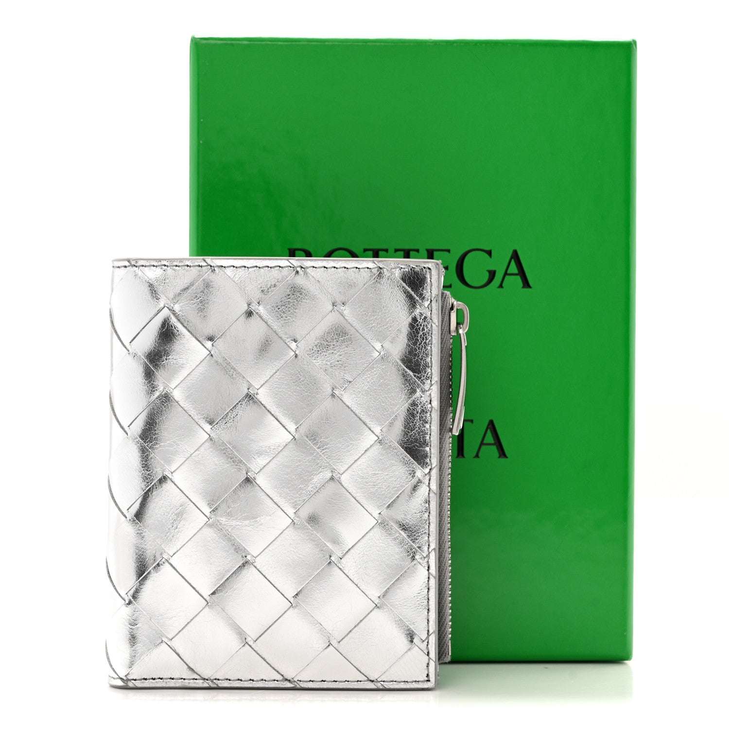 Bottega Veneta Metallic Calfskin Intrecciato Bifold Zip Wallet Silver 11 of 11