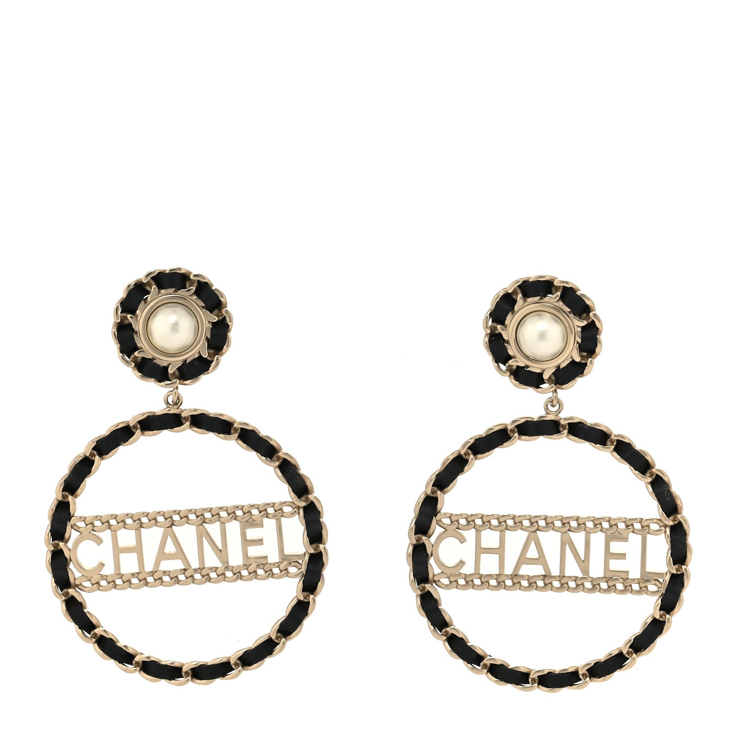 Pearl Lambskin Chain Logo Hoop Clip On Earrings Black Gold